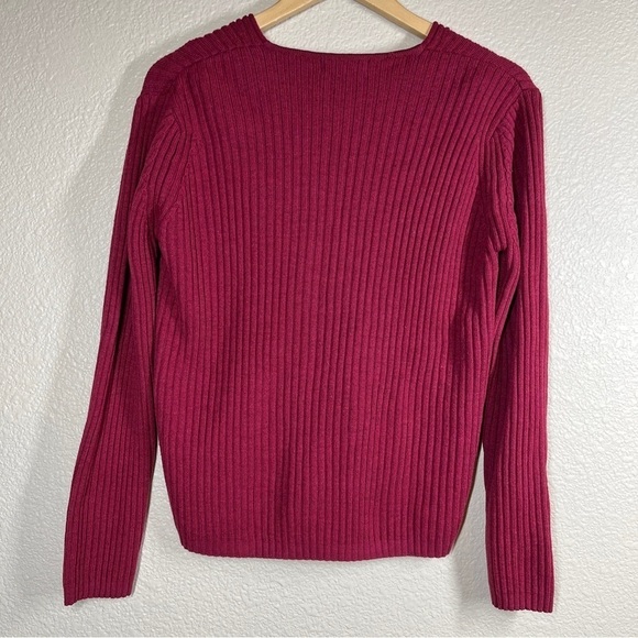 Vintage 90’s LL Bean Sweater 100% Wool V-Neck Red Ribbed Women’s Size Large - Picture 2 of 6